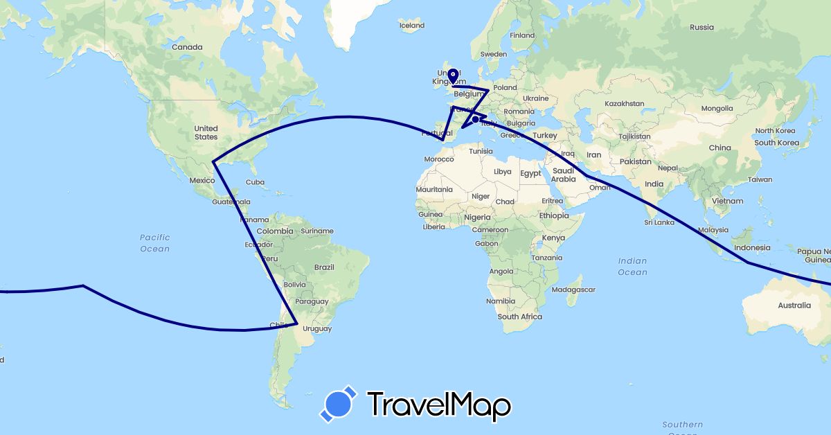 TravelMap itinerary: driving in Argentina, Germany, Spain, France, United Kingdom, Indonesia, Italy, Netherlands, Portugal, Qatar, United States (Asia, Europe, North America, South America)